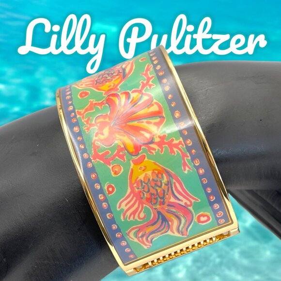 Vintage Lilly Pulitzer Shell and Fish Enamel Cuff Bracelet Signed Designer Clamp - Picture 1 of 10
